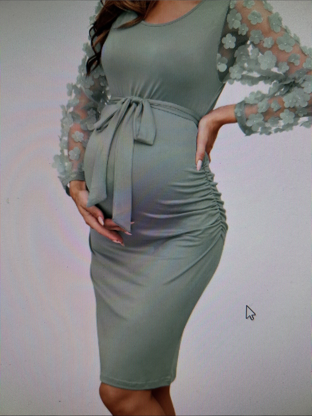 Maternity Seafoam Green Tie-Waist  stretchy Dress with Floral Mesh Sleeves